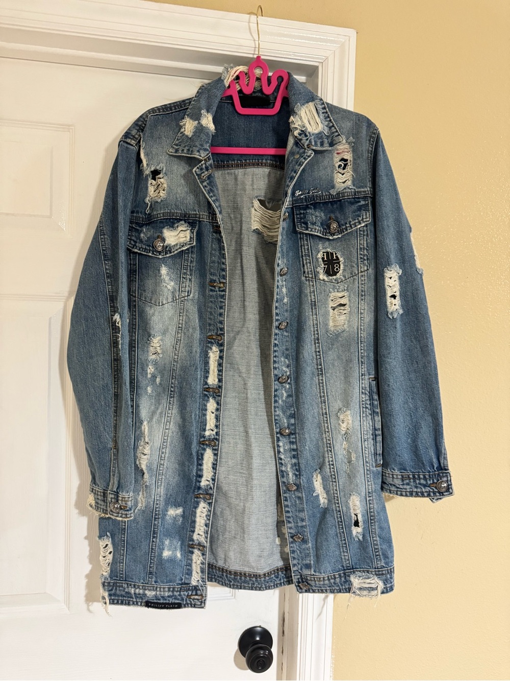 Philipp Plein Couture Limited Edition Distressed Long Denim Jacket Size L